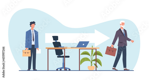 Concept of replacement of employees due to retirement or dismissal. Job rotation in people management. Human resources department. Recruit new employee. Vector cartoon flat isolated illustration
