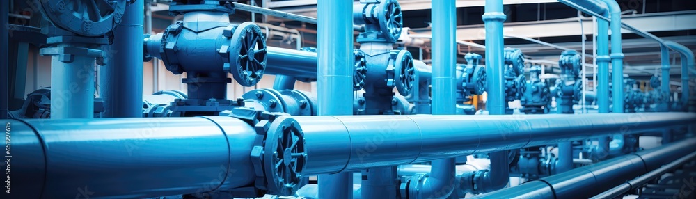 Network Of Pipes And Valves Controlling Water Flow Panoramic Banner Network Of Pipes And Valves Controlling Water Flow Panoramic Banner
