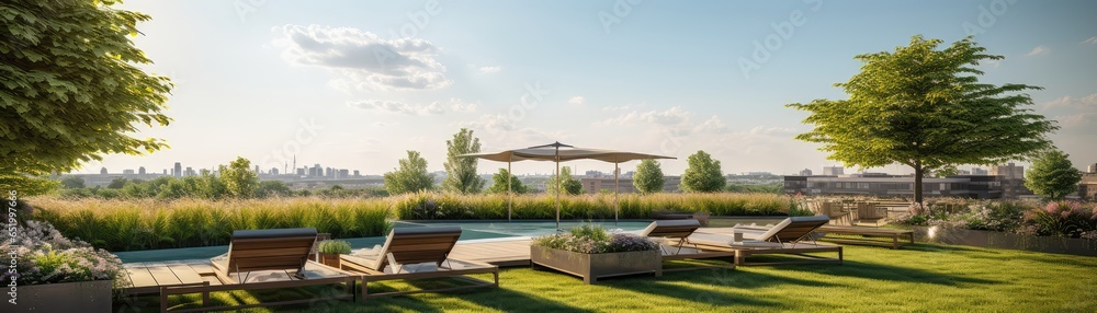 Rooftop Garden With Lush Green Lawn And Sun Loungers Sustainability And Conservation Panoramic Banner