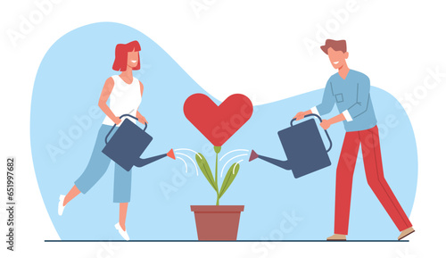 Concept of romance and relationship, couple in love watering plant of love. Romantic pair gardening together. Happy man and woman take care of tree. Vector cartoon flat isolated illustration