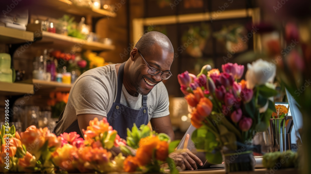 Young man working in a flower store Young man working in a flower store