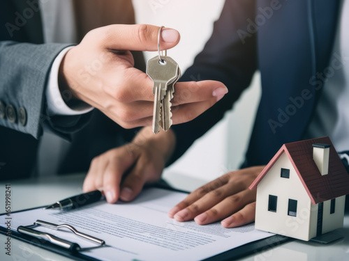 Real estate agent holding house keys photo
