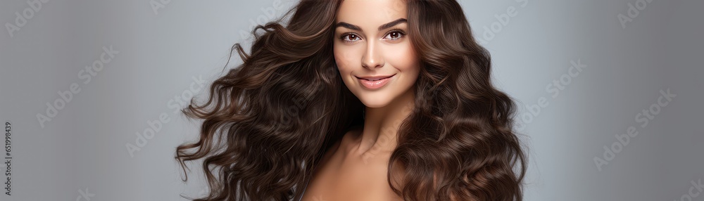 Woman With Brunette Curly Long Hair On White Background Panoramic Banner Woman With Brunette Curly Long Hair On White Background Panoramic Banner