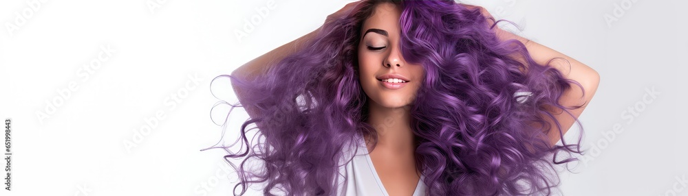 Woman With Purple Curly Long Hair On White Background Panoramic Banner Woman With Purple Curly Long Hair On White Background Panoramic Banner