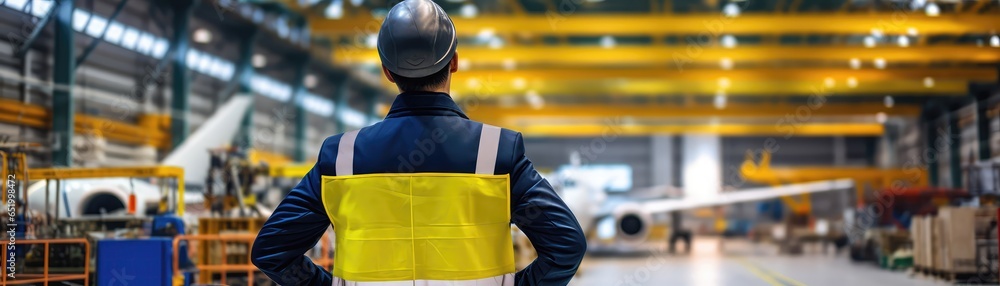 Worker In The Background Aircraft Manufacturing Facility Design Concepts, Safety Regulations, Manufacturing Process, Material Selection, Testing And Quality Assurance, Team Building Panoramic Banner Worker In The Background Aircraft Manufacturing Facility Design Concepts, Safety Regulations, Manufacturing Process, Material Selection, Testing And Quality Assurance, Team Building Panoramic Banner