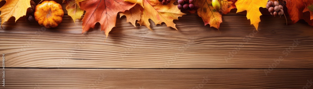 Wooden Table Against Backdrop Of Red And Yellow Fall Leaves Thanksgiving Day Panoramic Banner