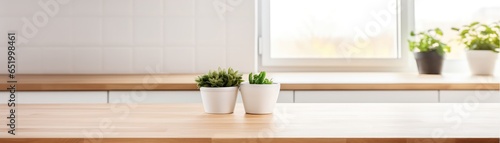 Wooden Countertop Against Defocused White Kitchen Panoramic Banner