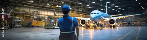 Worker In The Background Aircraft Manufacturing Facility Design Concepts, Safety Regulations, Manufacturing Process, Material Selection, Testing And Quality Assurance, Team Building Panoramic Banner