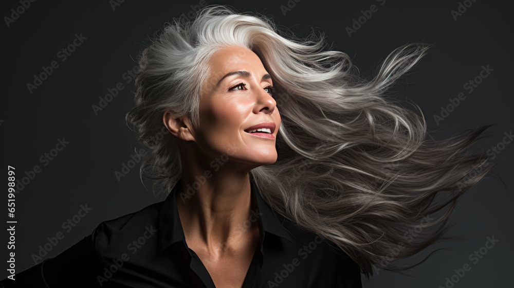 Portrait of senior mature middle aged lady with long gray natural coloring vibrant silky hair. Portrait of senior mature middle aged lady with long gray natural coloring vibrant silky hair.