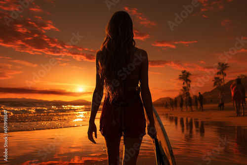 surfer woman with surfboard on the beach near sea