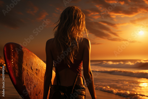 surfer woman with surfboard on the beach near sea