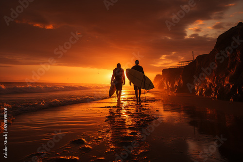 surfer woman with surfboard on the beach near sea