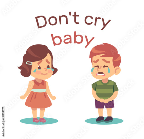 Consolation of weeping boy and girl. Crying and tantrum expression. Little sad children, tears on face. Negative kids emotion. Frustration and sadness cartoon flat isolated vector concept