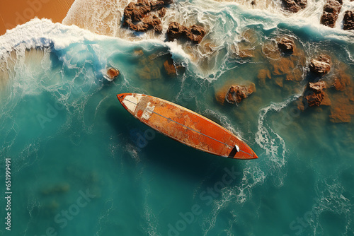 surfboard on the sea wave ariel view