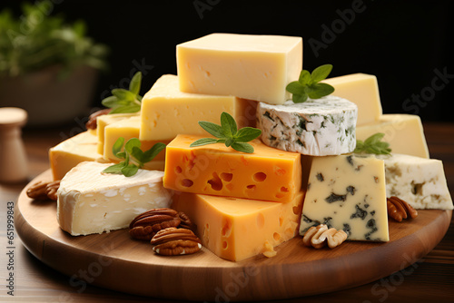 Various pieces of cheese with nuts and greens on a brown background 1