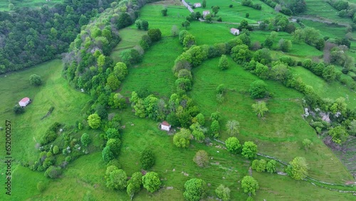 Aerial view from a drone of the countryside landscape around the town of Villacarriedo. Municipality of Villacarriedo. Pas Valleys. Cantabria. Spain. Europe photo