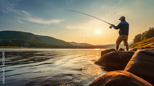 A determined fisherman casts his line at a serene lake, bathed in the golden morning sunlight. The vastness of the water reflects his focus and skilled dedication, capturing the dynamic and adventuro