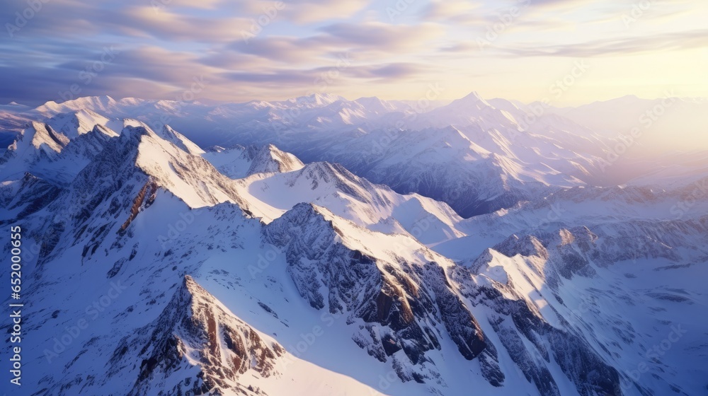A stunning bird's-eye view of a snowy mountain range. Sunlight casts long shadows, revealing dark colors and a gradient of deep blues, purples, and lighter shades. The DJI Phantom 4 Pro drone camera 