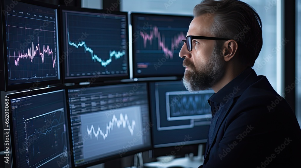 Business Analyst Reviewing Latest Market Trends on His Computer Business Analyst Reviewing Latest Market Trends on His Computer
