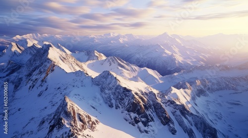 A stunning bird s-eye view of a snowy mountain range. Sunlight casts long shadows  revealing dark colors and a gradient of deep blues  purples  and lighter shades. The DJI Phantom 4 Pro drone camera 