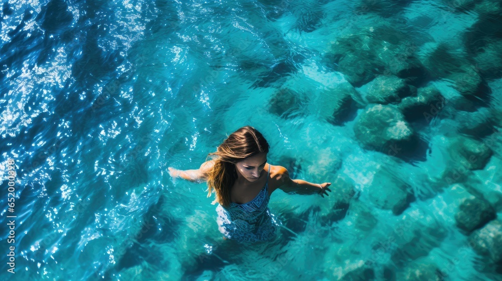 A person swimming underwater in vibrant blue water, with a bird's-eye view. An active lifestyle, enjoying recreation and exercise in a tranquil ocean setting.