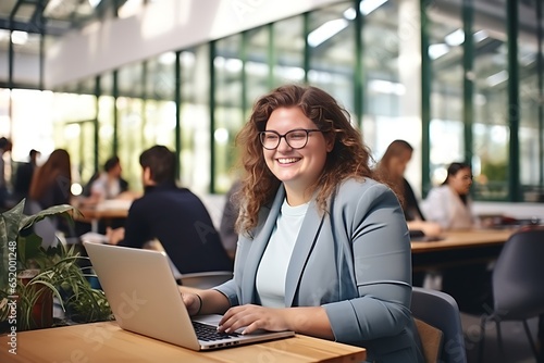 Plus-size, overweight beautiful large female businesswoman smiling at her laptop