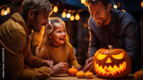 Happy family with little kids preparing pumpkins for Halloween at home.