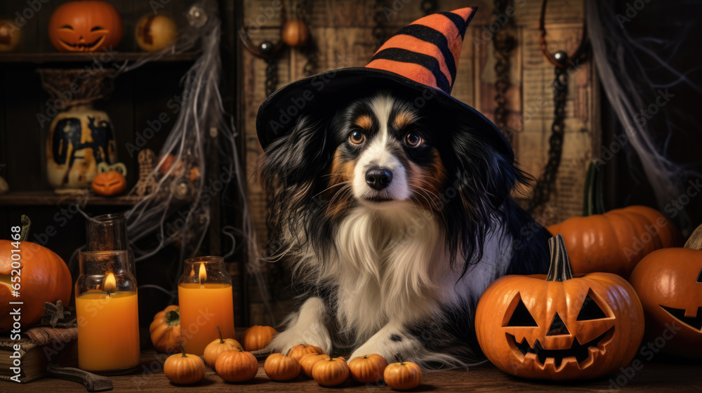 Dog in Halloween costume surrounded by pumpkin lanterns.
