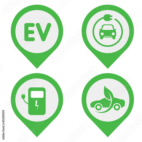 Electric vehicle. Set of vector icons. Service of electric vehicles.  Recharger battery station for automobile. Friendly alternative energy. Vectror illustration