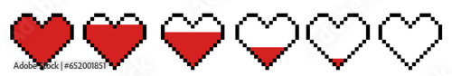 Pixel heart collection. Pixel heart icon, pixel hearts for game. Red hearts of life, game life symbol. Indicators of health, game progress bars. Vector