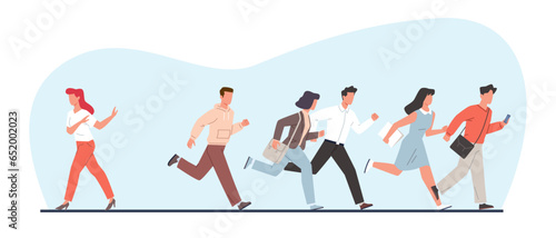 Giving up career race, weak woman refuses to compete with other people. Another way to success. Quitting life competition. Goal achievement. Cartoon flat style isolated vector concept