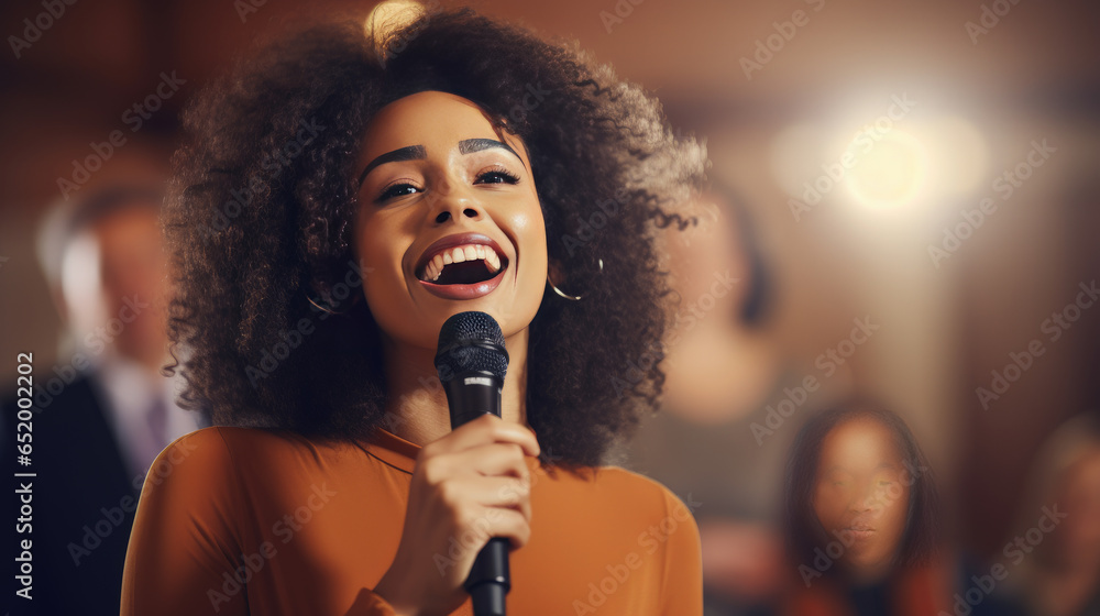 A young African American woman delivers an emotional public speech, captivating her audience. A young African American woman delivers an emotional public speech, captivating her audience.