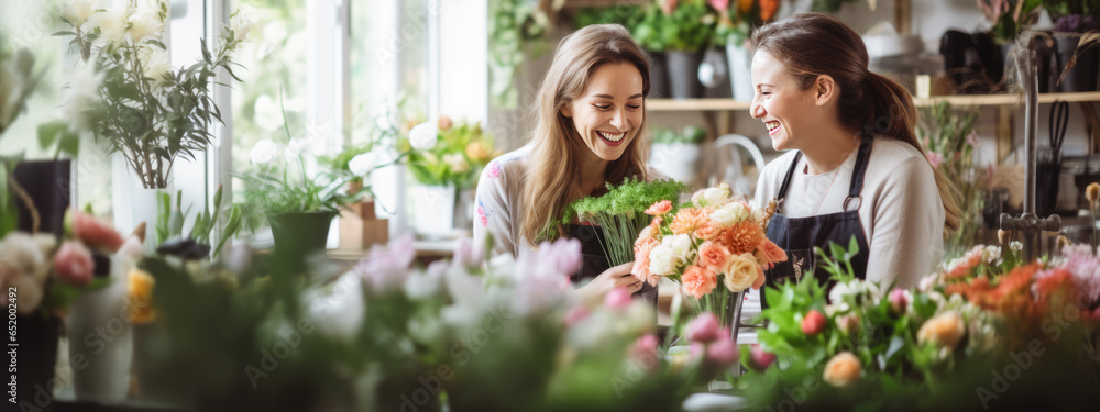 Portrait of two happy women working in flower shop