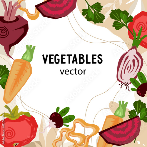 Vegetables vector background for fresh vegetables, sauce, food preserves label template hand drawn vector illustration. Background design for food and preserved canned vegetables, meal packs.