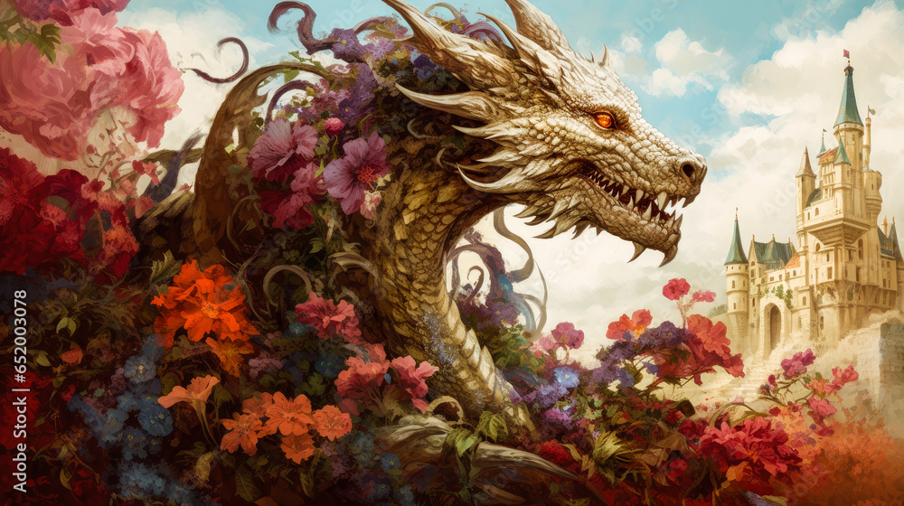 A dragon nestled within a magical garden adorned with a profusion of blossoms. A dragon nestled within a magical garden adorned with a profusion of blossoms.