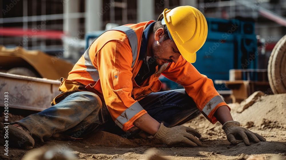 Accident at construction site. Physical injury at work of construction worker.generative ai Accident at construction site. Physical injury at work of construction worker.generative ai