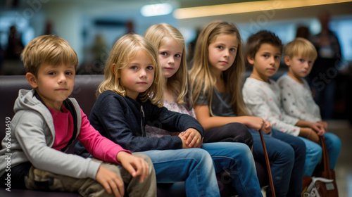Portrait of a group of young children sitting in an airport waiting area