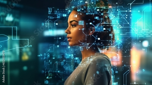 AI generated content Concept. Artist woman using AI Art Assistant to generate image.