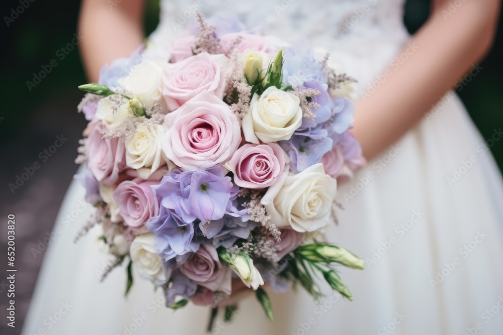 A delicate wedding bouquet of flowers is held by the bride close-up A delicate wedding bouquet of flowers is held by the bride close-up