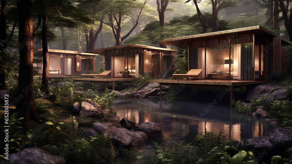 concept design for modern thai style cabins in the woods with small hot pools fed be a creek