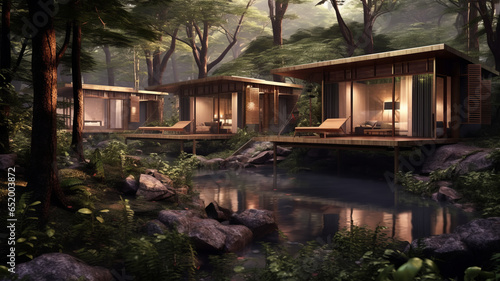 concept design for modern thai style cabins in the woods with small hot pools fed be a creek © JKLoma