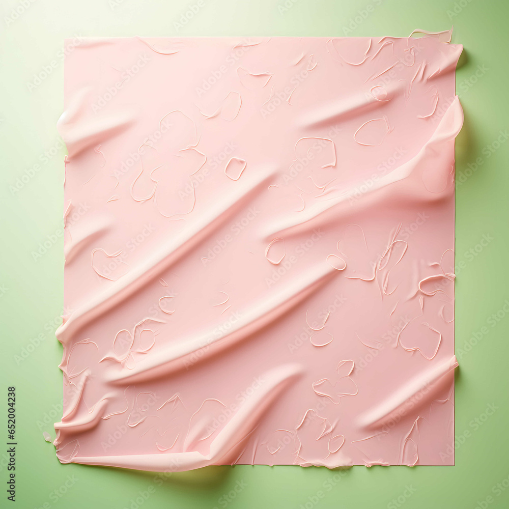 Square piece of pastel pink wet paper or fabric on mint green background, creative copy space Square piece of pastel pink wet paper or fabric on mint green background, creative copy space