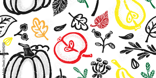 Texture fruits and vegetables, herbs, leaves. For design, print, wallpaper. fabrics, paper. Vector overlapping seamless pattern.