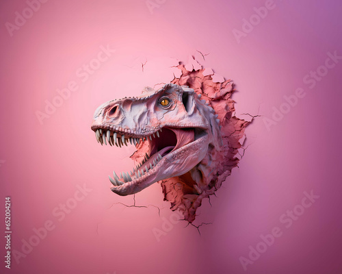 The head of a terrible carnivore from prehistoric times, the dinosaur T Rex breaks through the pink wall, creative, aesthetic horror composition. © Biancaneve MoSt