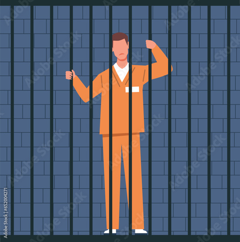 Man dressed as prisoner stands in prison cell. Prisoner in jail. Punishment system. Human in pange jumpsuit hold bars. Crime and law breaking. Cartoon flat style isolated vector concept