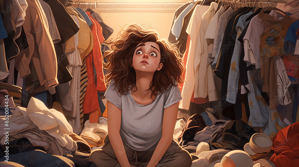 The girl lies on a pile of clothes. Concept: decluttering things, conscious consumption. - obrazy, fototapety, plakaty 