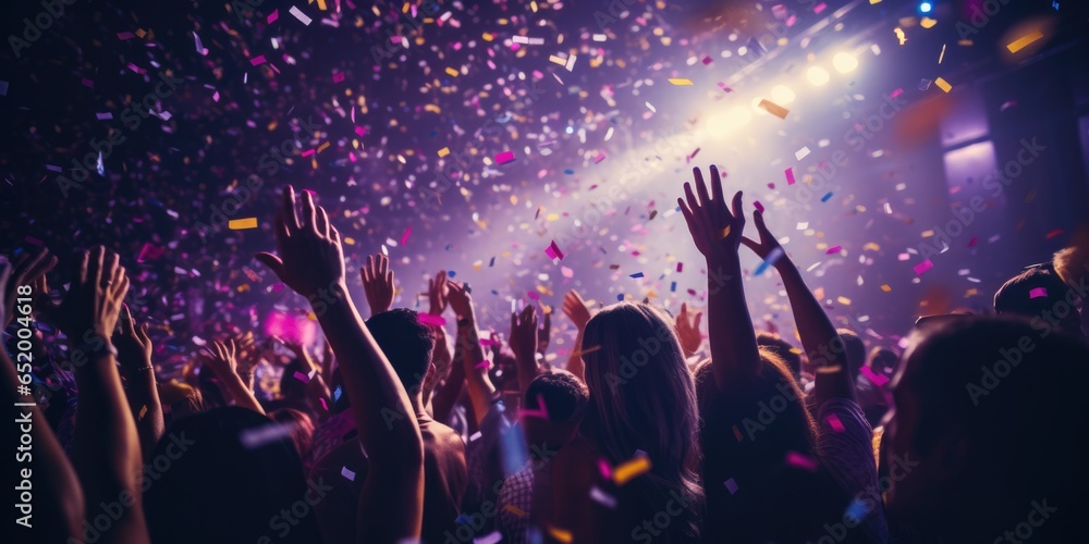 Nightclub Party Scene A Closeup Photo Of Many Partygoers Dancing With Purple Lights And Confetti Flying Everywhere In A Nightclub Event With Hands Raised - obrazy, fototapety, plakaty 