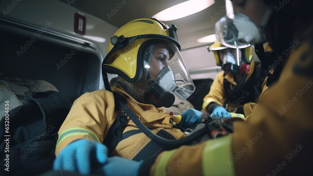 Naklejka premium Female and Male EMS Paramedics Provide Medical Help to an Injured Patient on the Way to a Hospital.