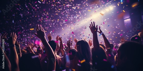 Nightclub Party Scene A Closeup Photo Of Many Partygoers Dancing With Purple Lights And Confetti Flying Everywhere In A Nightclub Event With Hands Raised
