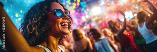 Partygoers Are Seen Having Fun At A Music Festival With A Focus On A Female Party Girl Enjoying The Summer Nightlife At A Disco Club With A Dj The Image Captures The Energetic And Festive Atmosphere